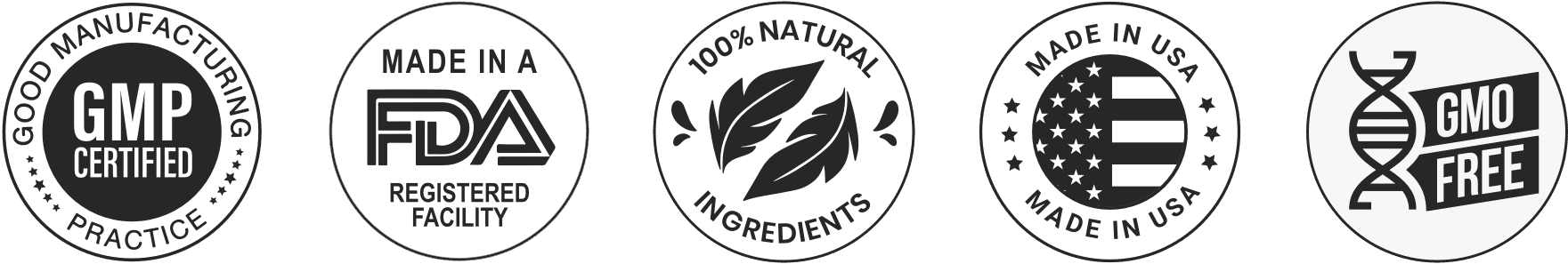 GMP Certified · FDA Registered Facility · 100% Natural Ingredients · Made in USA · GMO Free