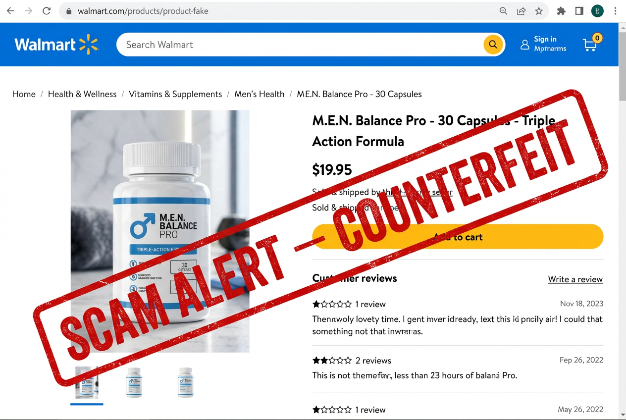 Scam alert — counterfeit M.E.N. Balance Pro listing on Walmart