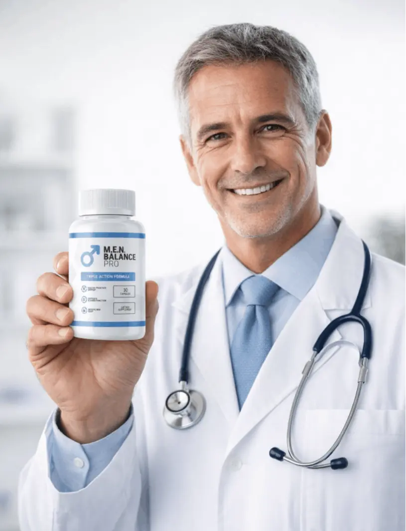 Doctor holding M.E.N. Balance Pro bottle — recommended by health professionals